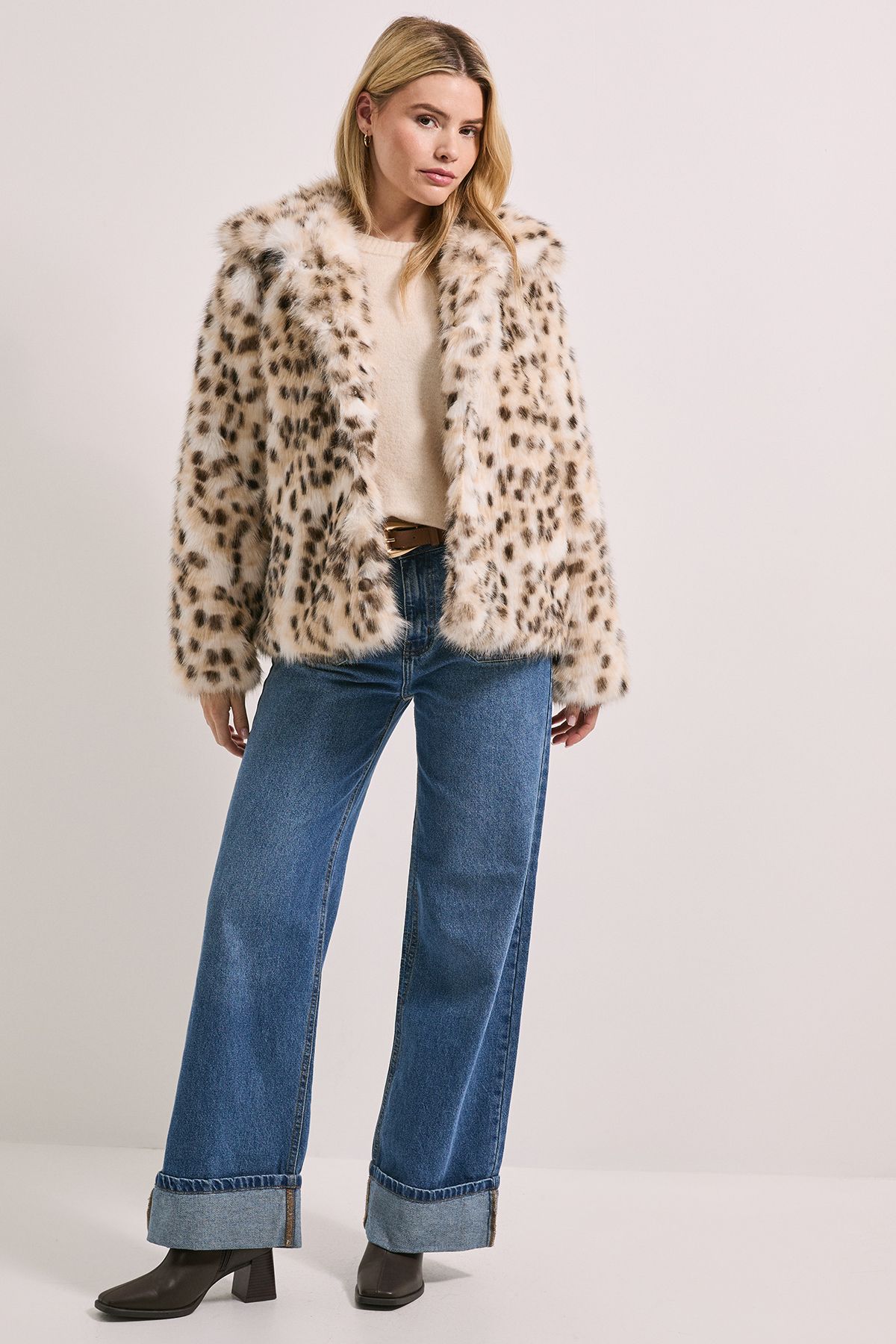 Dorothy Perkins Deer Animal Print Fur Coat Ivory image 2