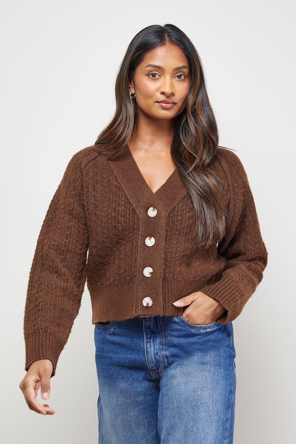 Oasis Stitchy V Neck Cardigan Chocolate image 1