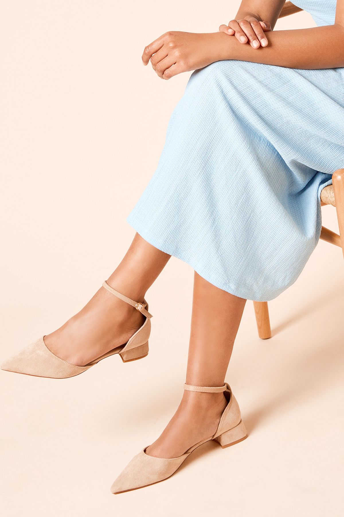 Dorothy Perkins Bennie Faux Suede Pointed Low Block Heel Court Shoes Beige image 1