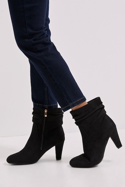 Dorothy Perkins Wide Fit Ally Faux Suede Ruched High Heeled Ankle Boots Natural Black