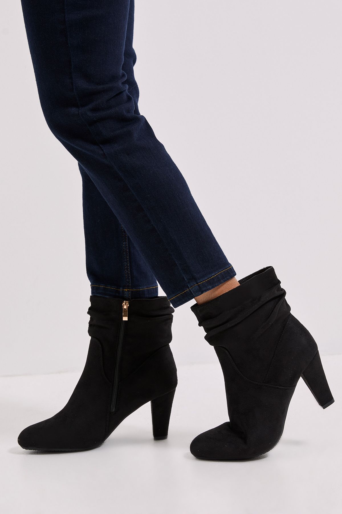 Dorothy Perkins Wide Fit Ally Faux Suede Ruched High Heeled Ankle Boots Natural Black image 1