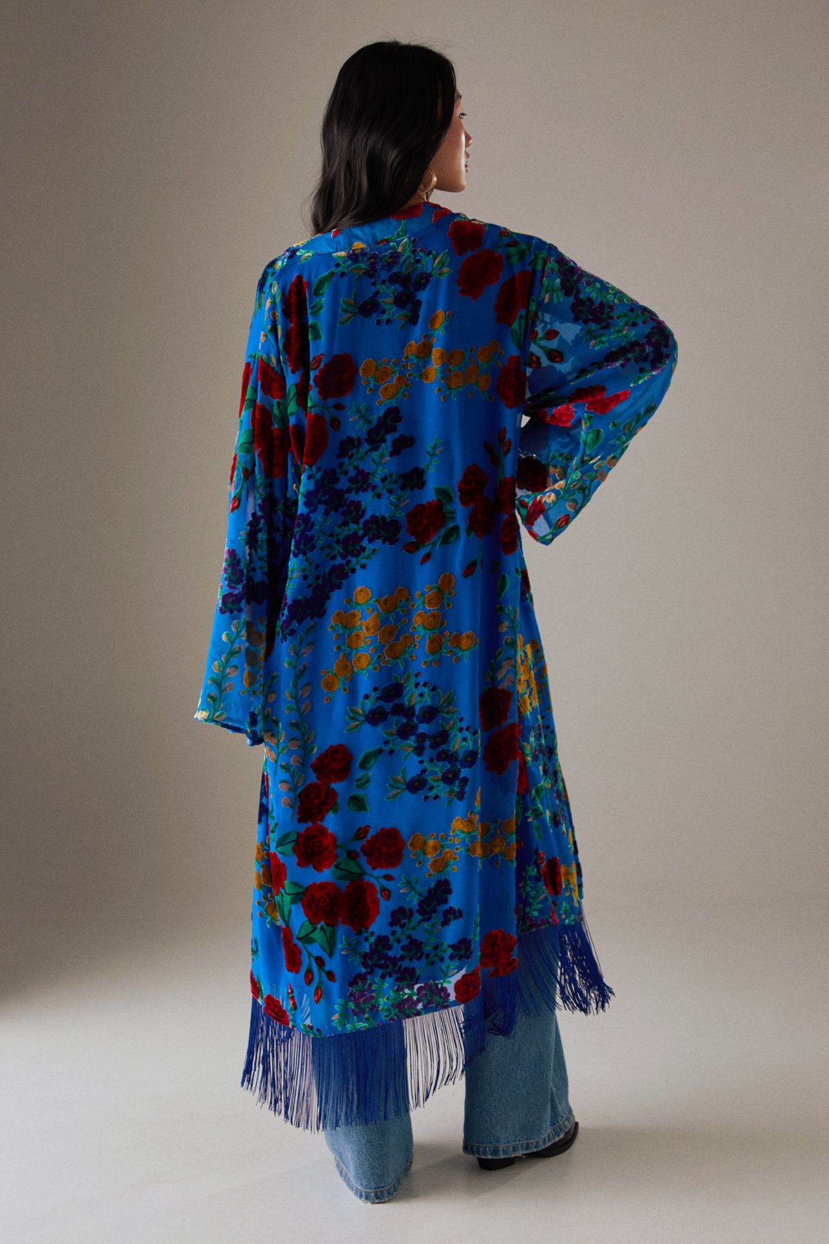 Warehouse Petite Premium Burnout Fringe Hem Midi Kimono Blue image 3