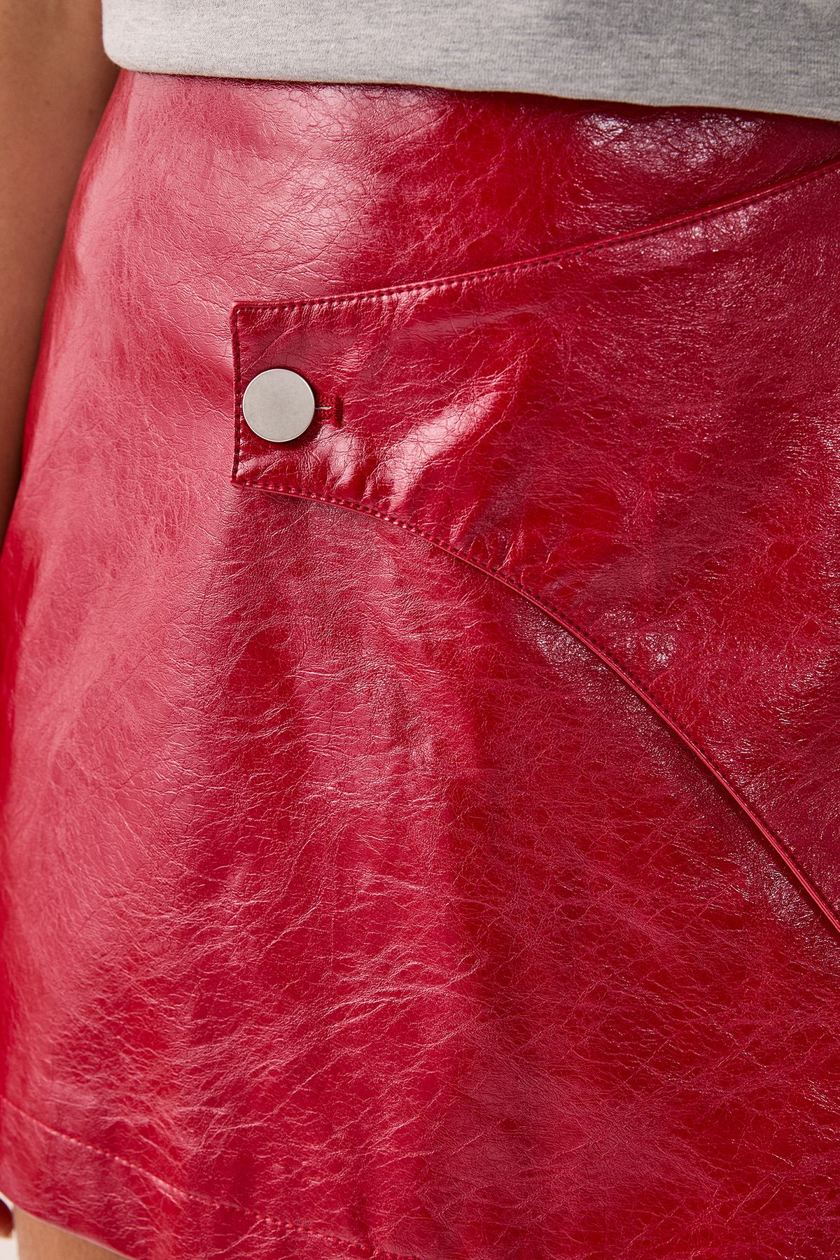 NastyGal Vinyl Faux Leather Wrap Button Mini Skirt Red image 4