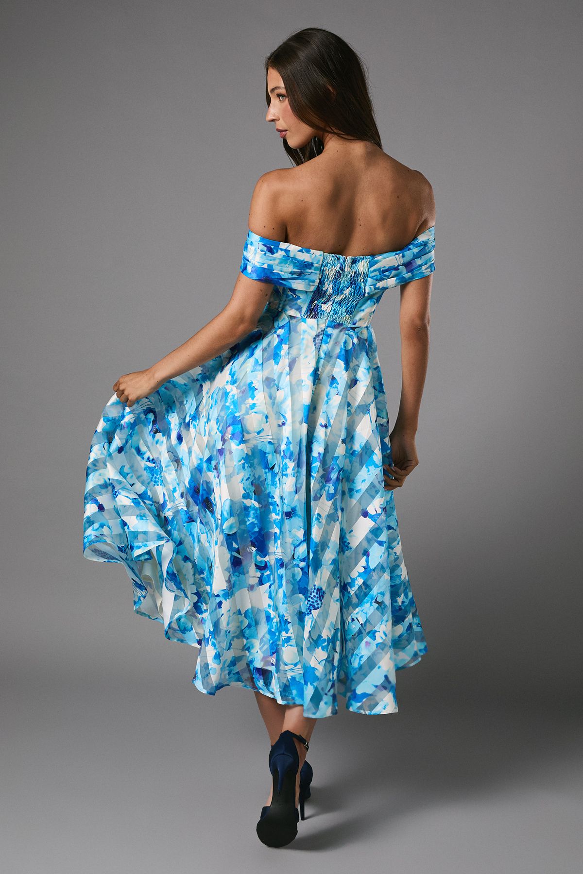 Coast Stripe Organza Pleated Top Floral Print Midi Dress Blue image 3