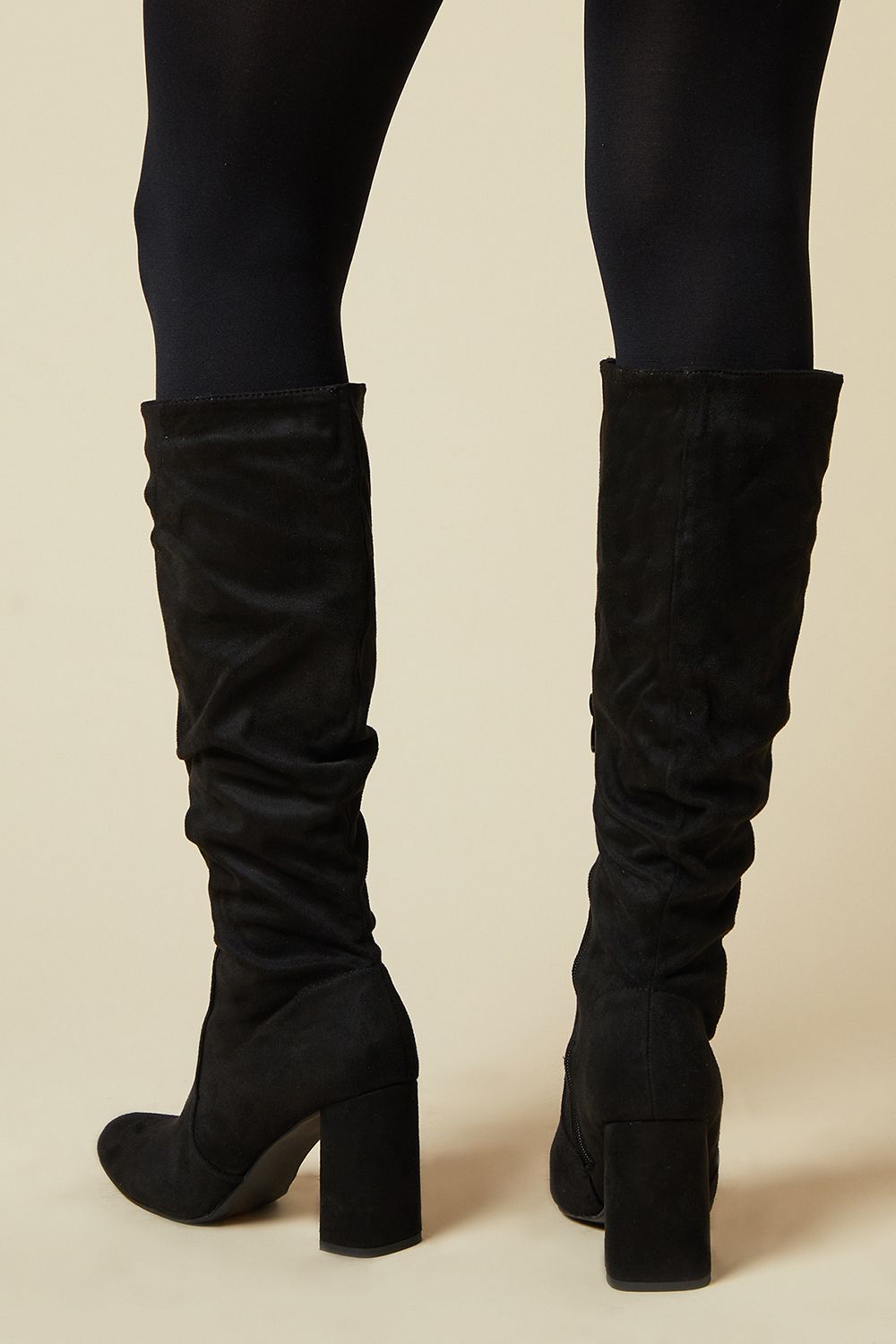 Dorothy Perkins Wide Fit Keris Faux Suede High Block Heel Ruched Knee High Boots Natural Black image 3