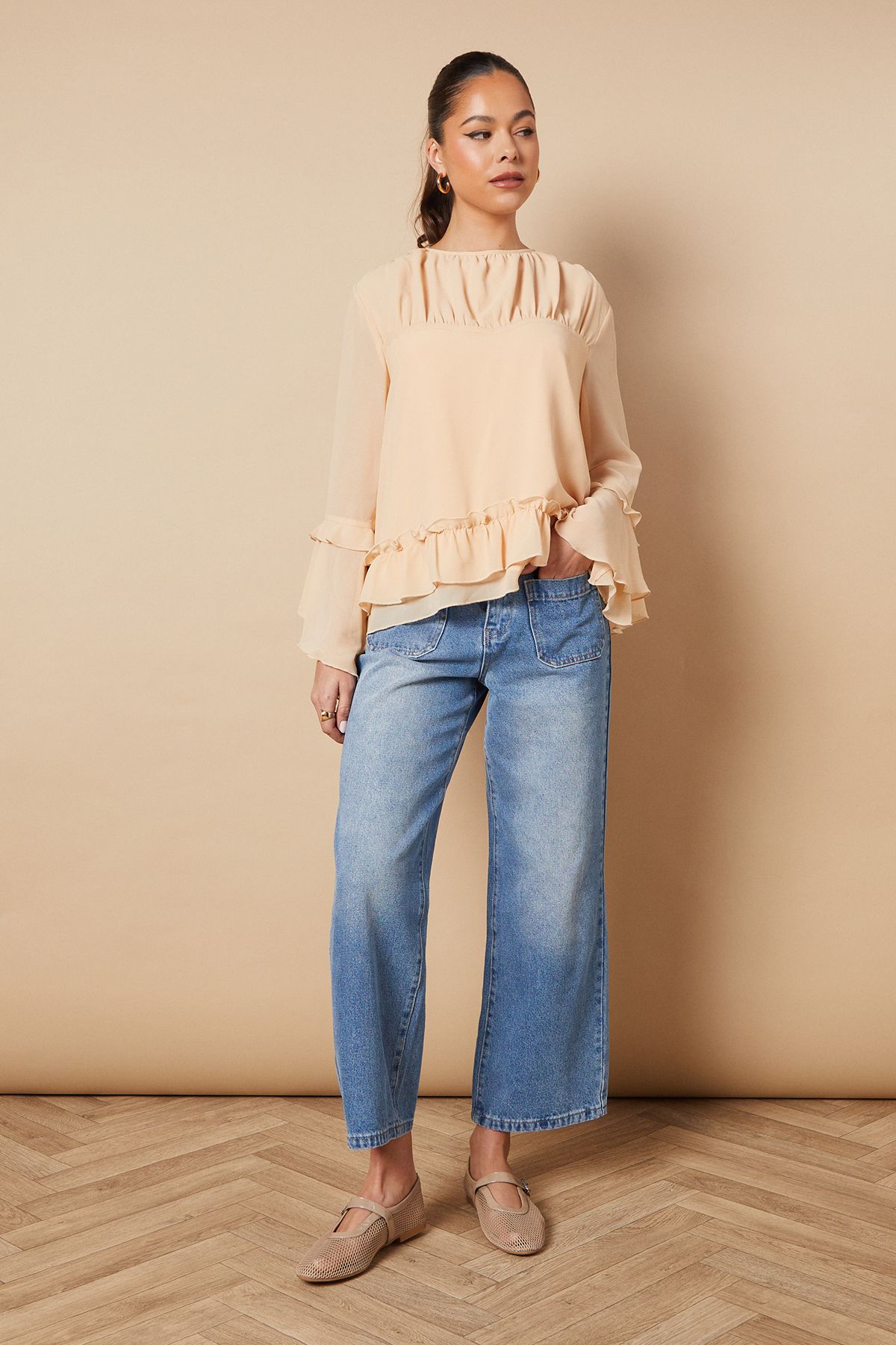Oasis Ruched Waist 3/4 Sleeve Blouse Apricot image 4