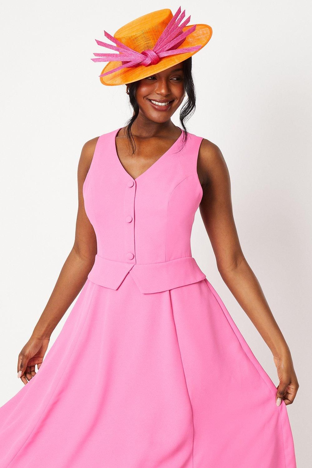 Coast Lisa Tan Waistcoat Midi Dress With Drape Skirt Hot Pink image 4