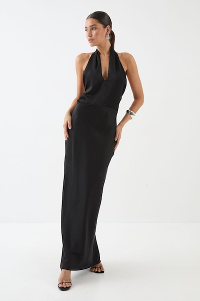 MissPap Premium Satin Halterneck Cowl Back Bridesmaid Dress Black