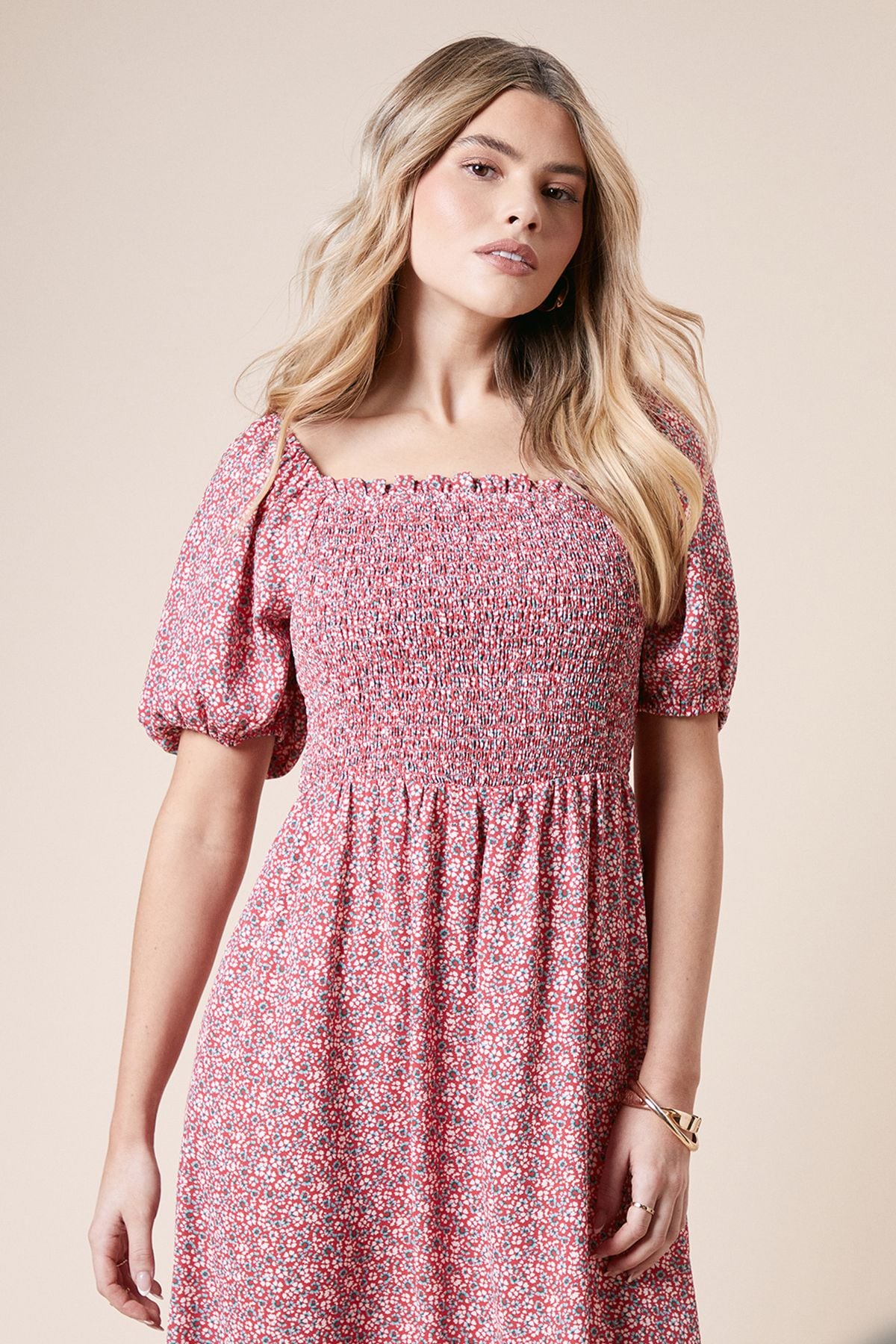 Dorothy Perkins Ditsy Shirred Bodice Midi Dress Pink image 4