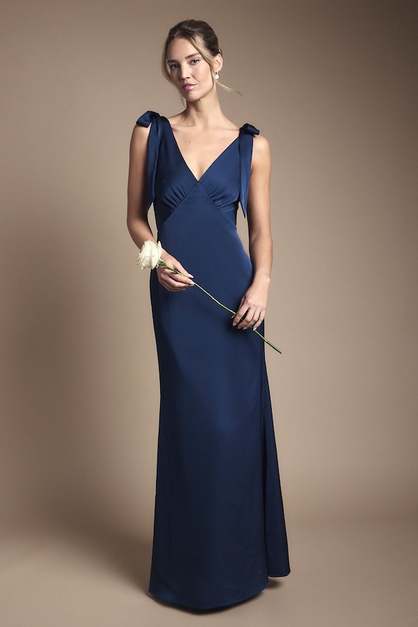 Coast Coast Honoured Satin Back Crepe V Neck Tie Shoulder Maxi Bridesmaid Dress Navy