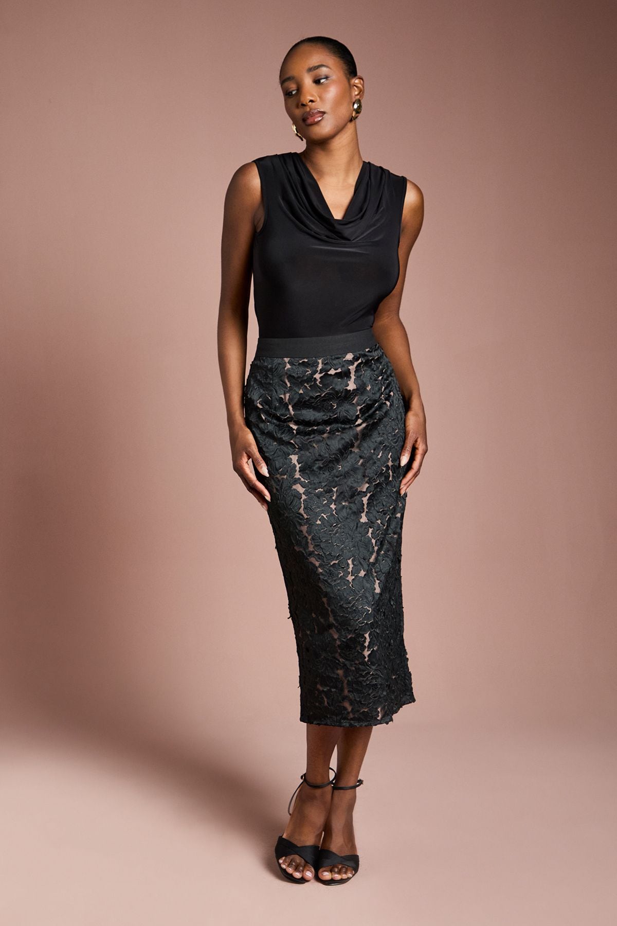 Coast Cutwork Embroidered Mesh Pencil Skirt Black