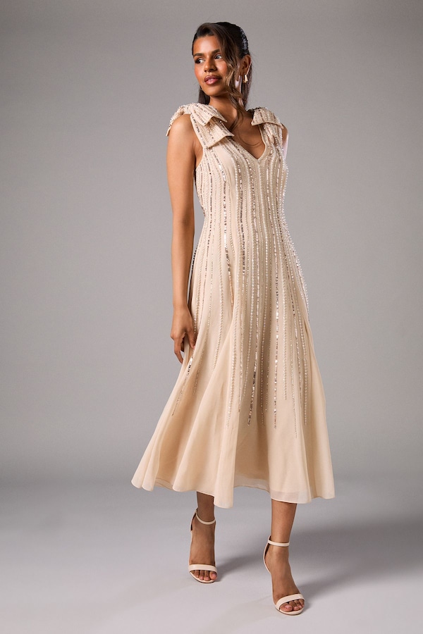 Coast Petite Bow Shoulder Embellished Midi Dress Champagne