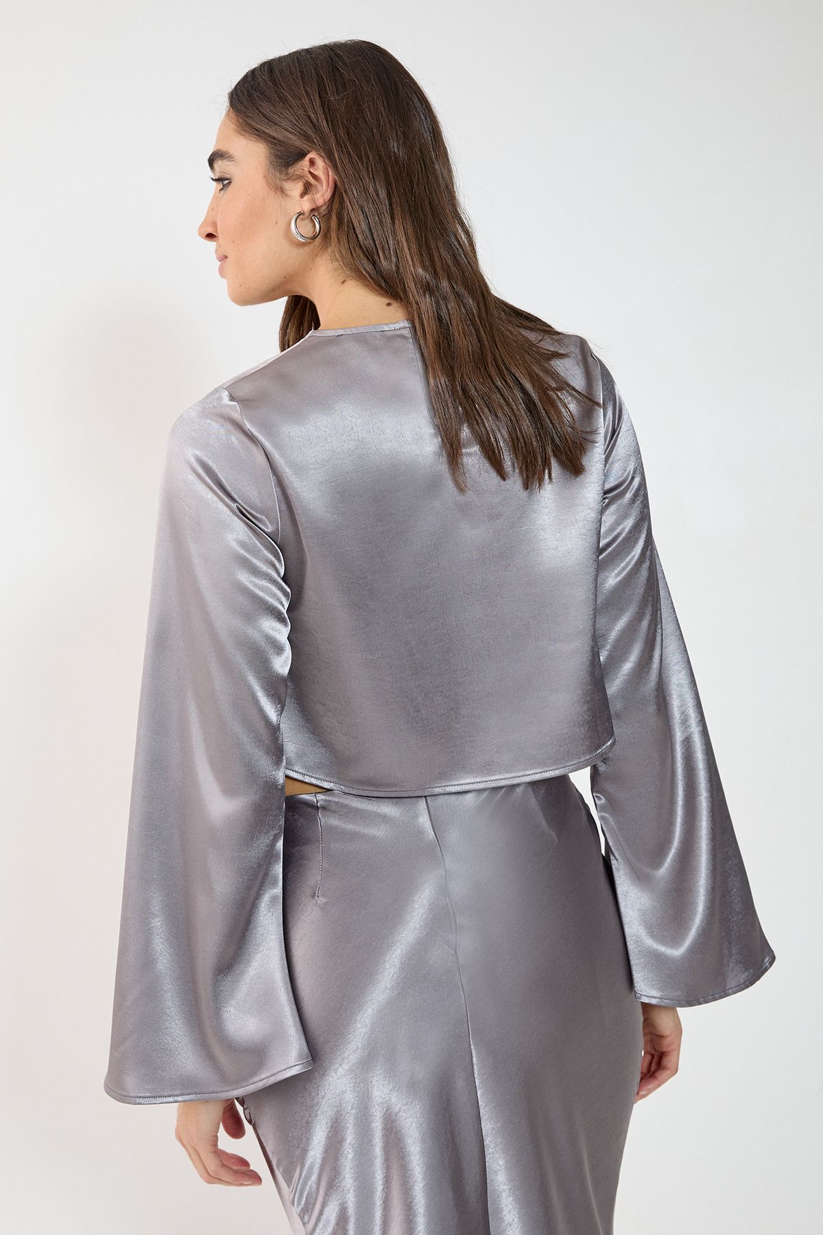 NastyGal Satin Fluted Sleeve Top Silver image 4