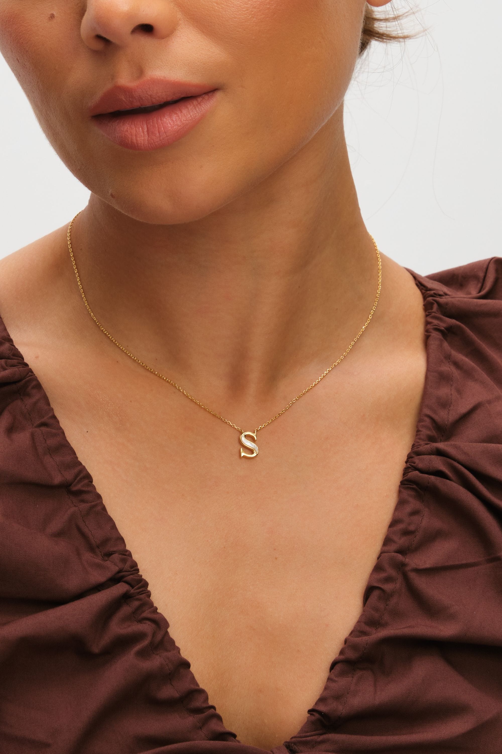 Inicio 14K Gold Plated and Mother of Pearl Initial Pendant - S - Gift Pouch image 2