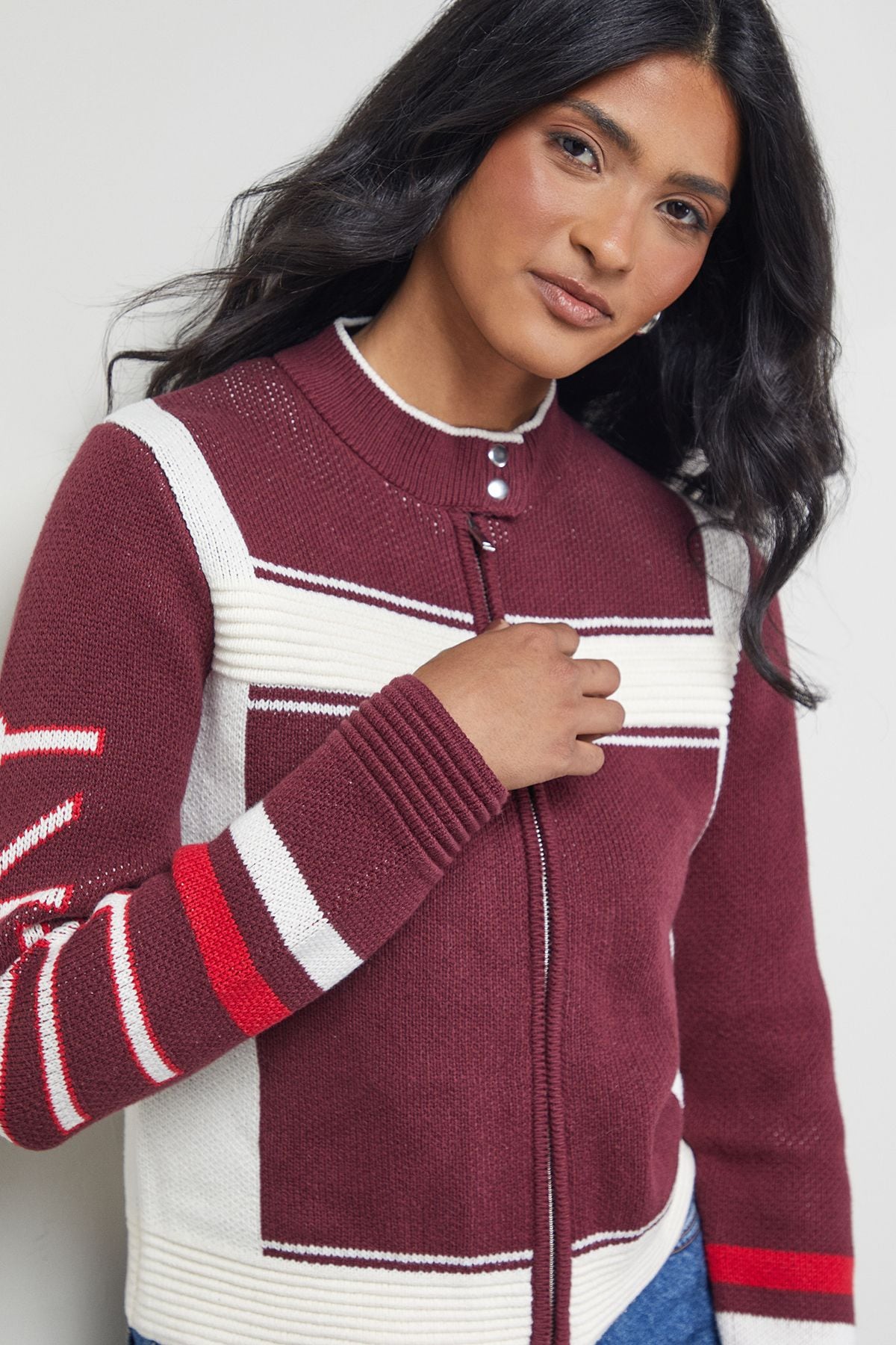 Warehouse Maroon Knitted Zip Detail Motor Cardigan Maroon image 4