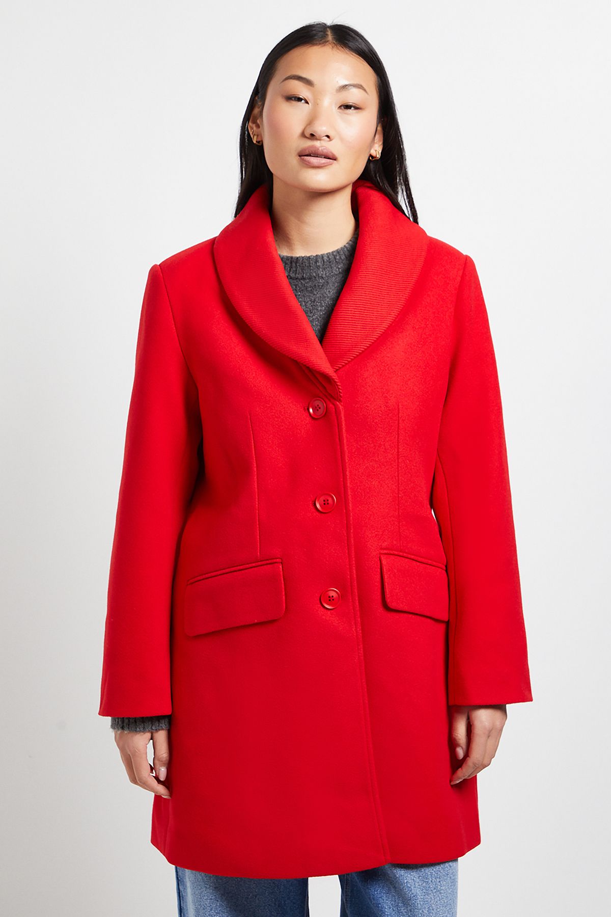 Dorothy Perkins Petite Funnel Collar Single Breasted Midi Coat Red image 2
