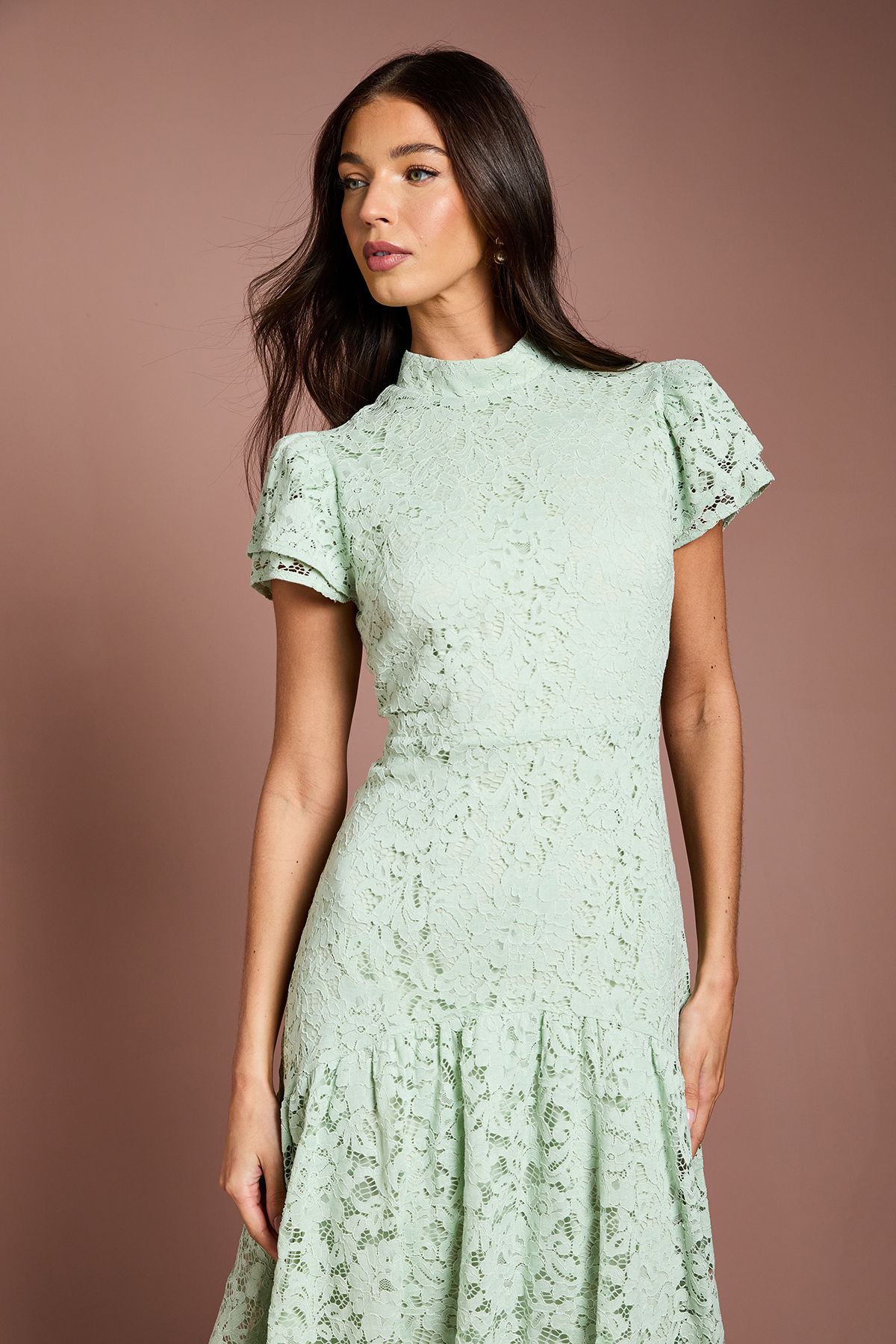 Coast Lace Frill Sleeve High Neck Midi Sage image 2
