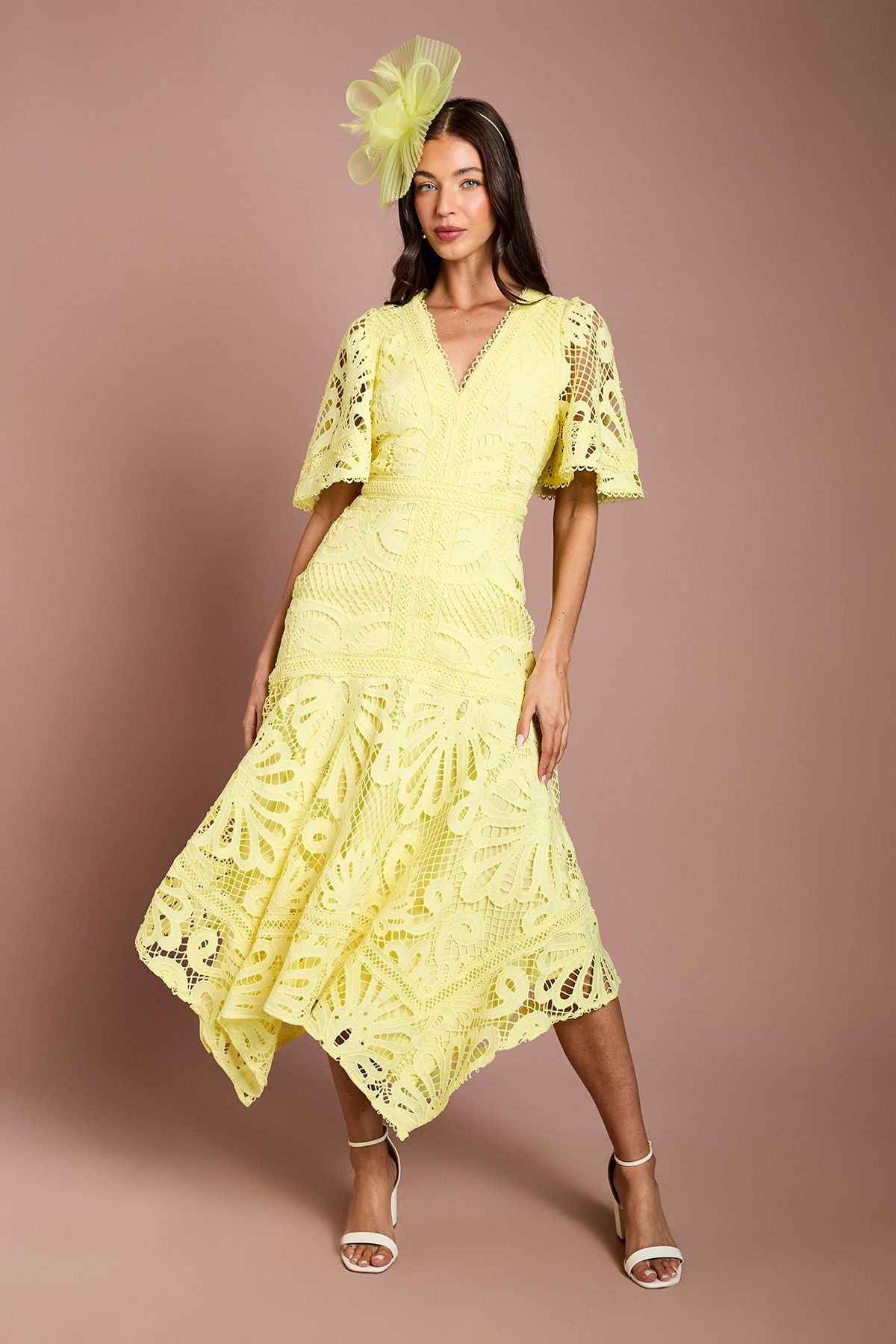 Coast Placement Lace Hanky Hem Dress Lemon