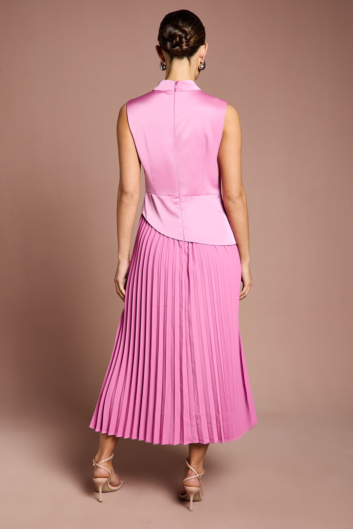 Coast Drape High Neck Pleated Skirt Midi Dress Pink image 3