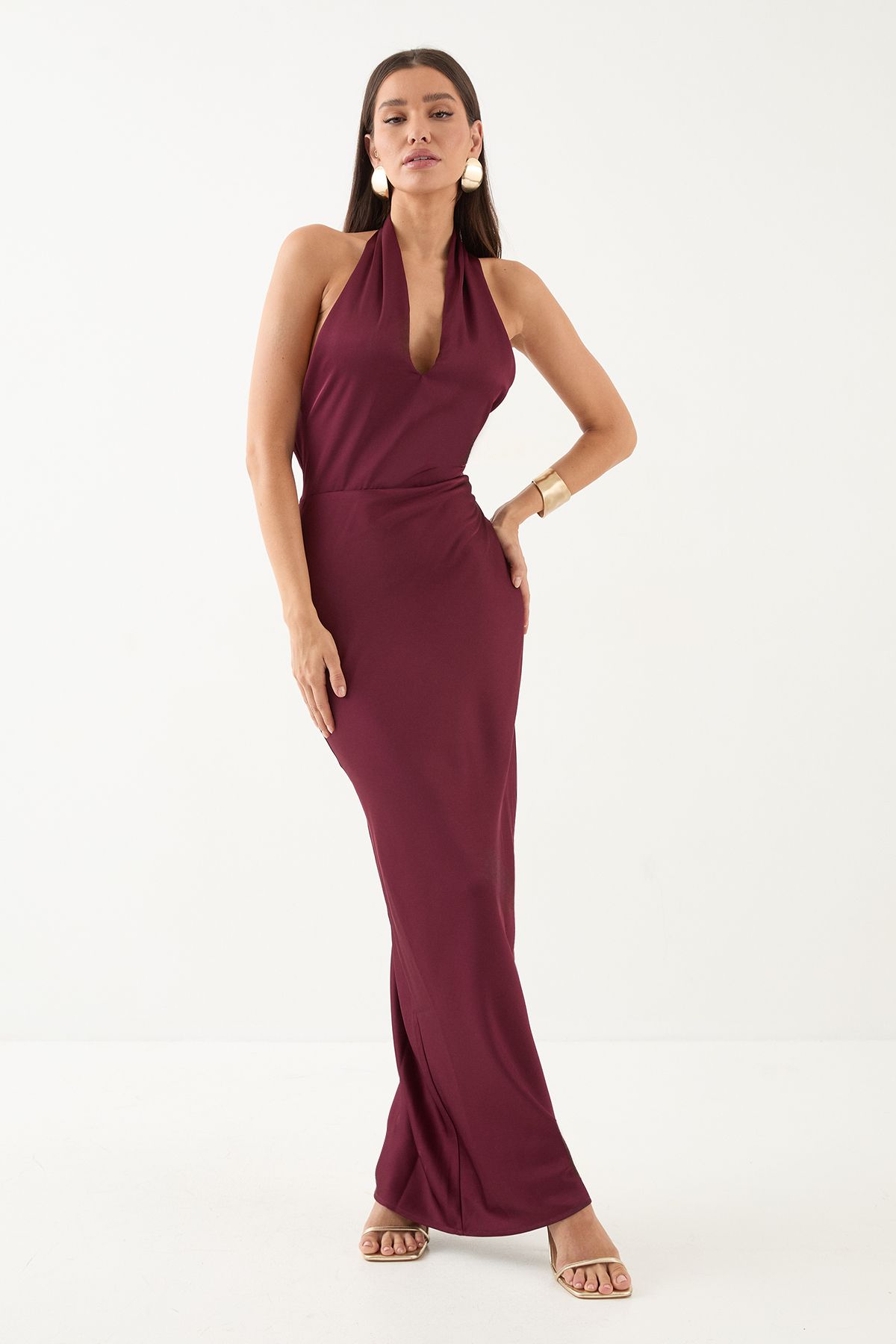 MissPap Premium Satin Halterneck Cowl Back Bridesmaid Dress Wine