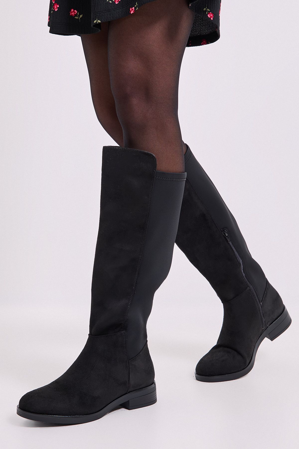 Dorothy Perkins Megan Faux Suede Stretch Back Flat Riding Boot Natural Black image 2