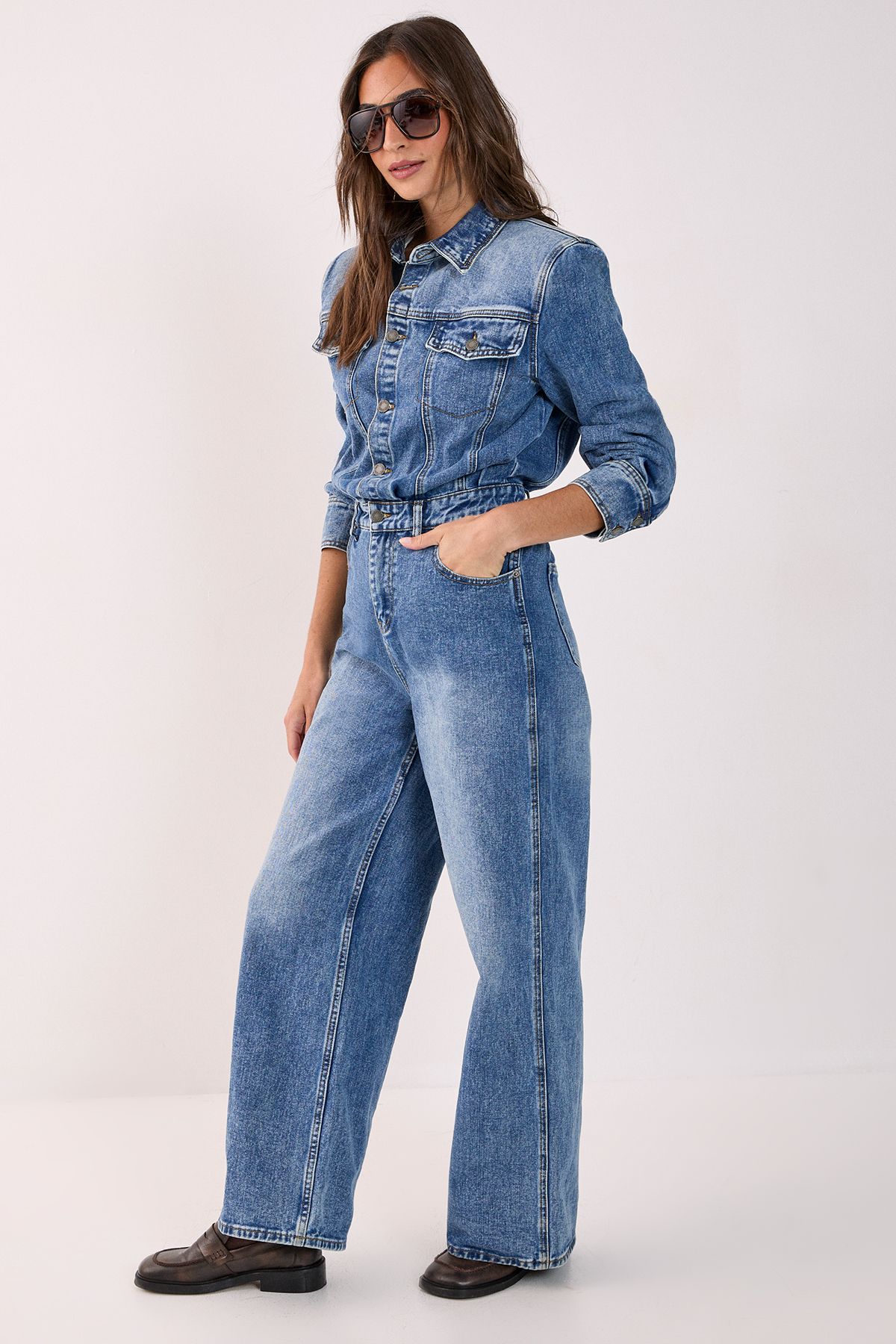 NastyGal Denim Shoulder Pad Boilersuit Stonewash image 3