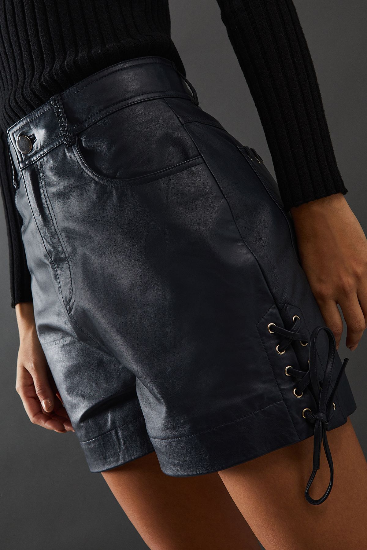 Warehouse Real Leather Whipstitch Detail Shorts Petrol image 2