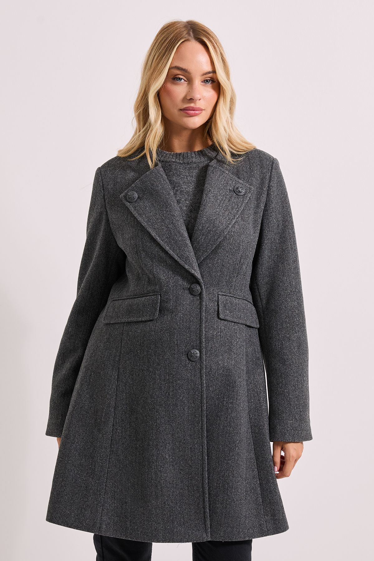 Dorothy Perkins Button Detail Faux Wool Midi Coat Grey