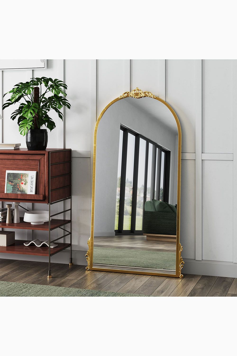 Living and Home 60cm W x 120cm H Gold Floral Carved Metal Frame Arch Wall Mirror Art Deco Vanity Mirror image 1
