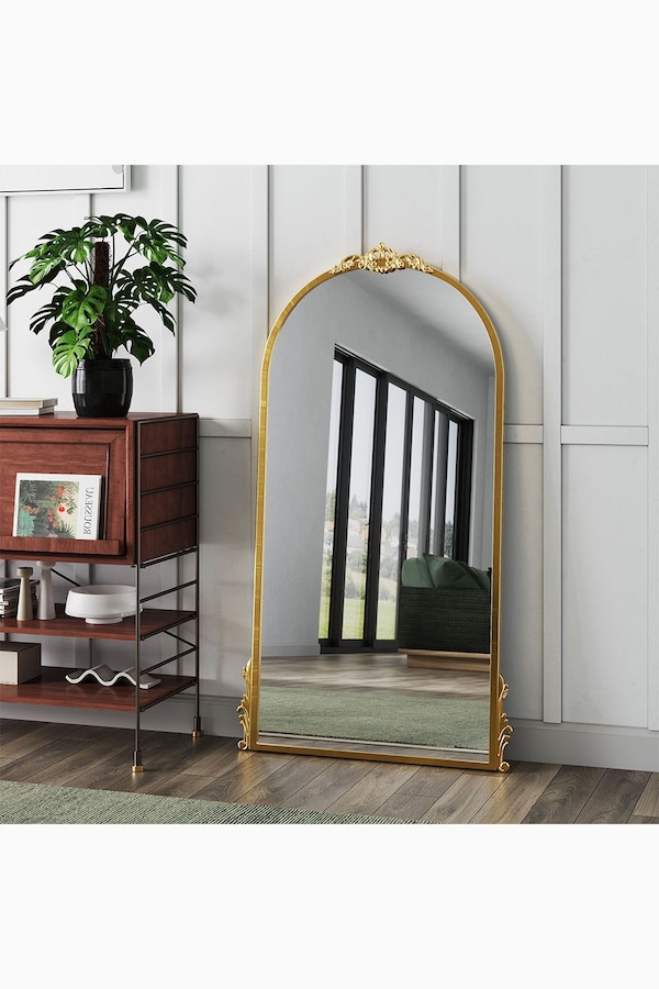 Living and Home 60cm W x 120cm H Gold Floral Carved Metal Frame Arch Wall Mirror Art Deco Vanity Mirror