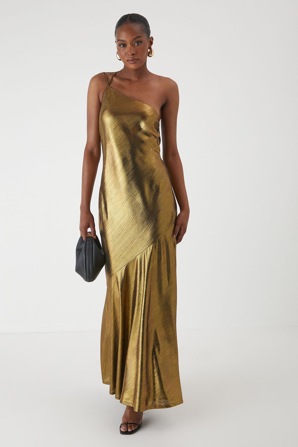 MissPap Asymmetric Neck Metallic Maxi Dress Bronze image 1
