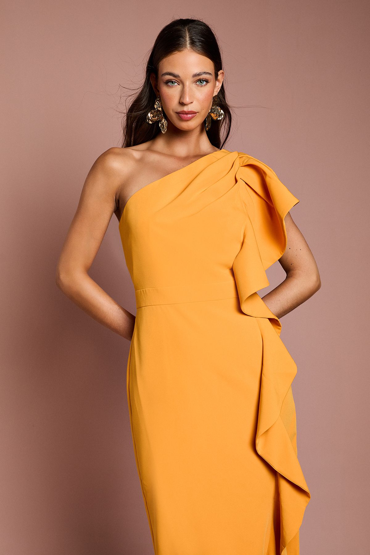 Coast One Shoulder Ruffle Crepe Pencil Midi Dress Orange image 2