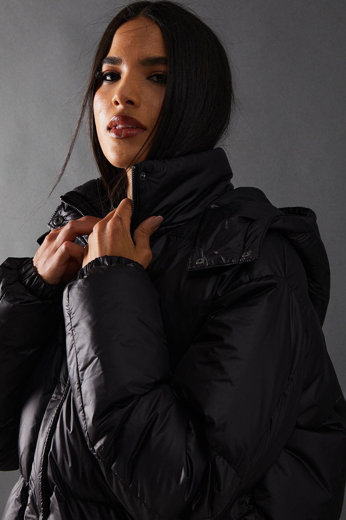 Warehouse Shiny Padded Puffer Coat Black image 2
