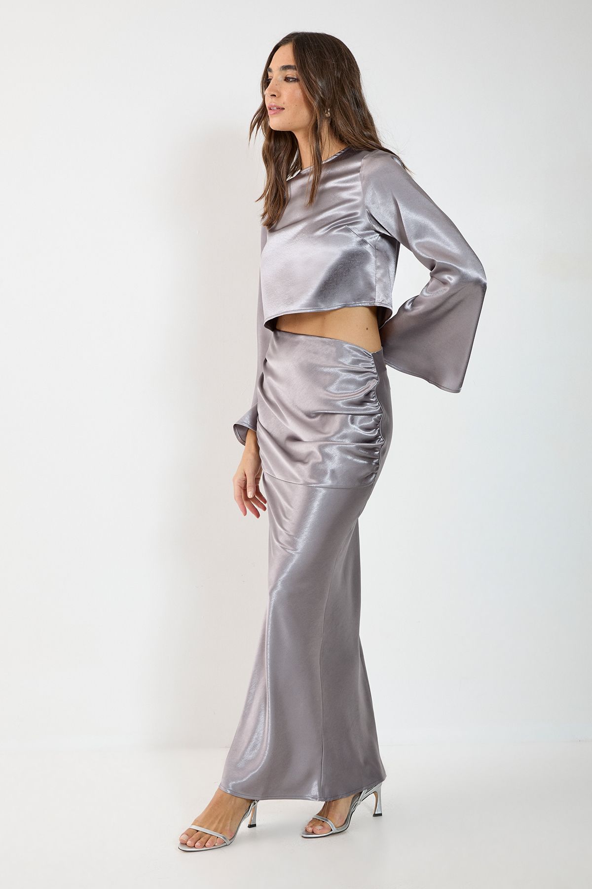NastyGal Satin Ruched Maxi Skirt Silver image 3