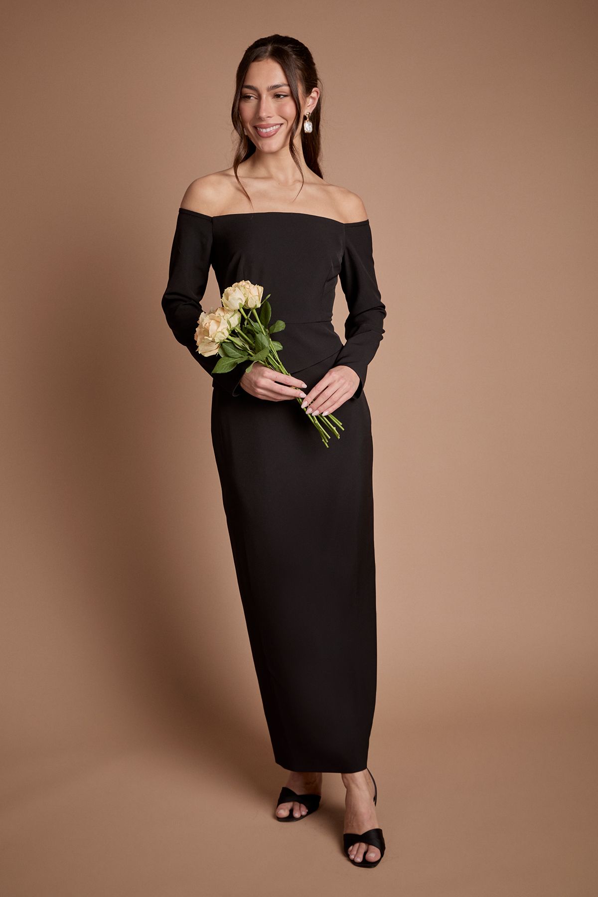 Coast Crepe Bardot Long Sleeve Bridesmaid Maxi Dress Black