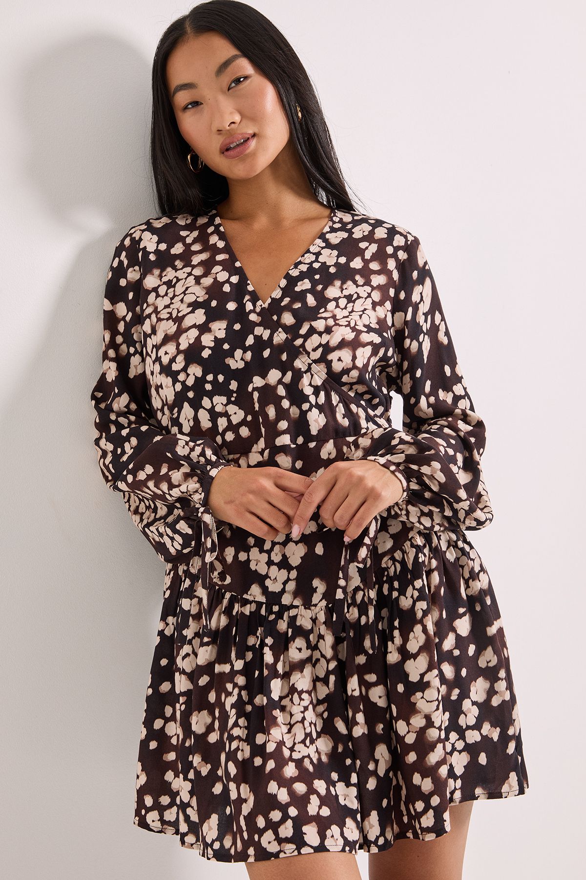 Dorothy Perkins Brown Animal Print Dropped Seam Detail Wrap Front Mini Dress Brown image 1
