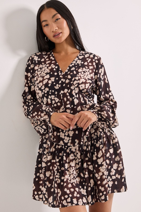 Dorothy Perkins Brown Animal Print Dropped Seam Detail Wrap Front Mini Dress Brown