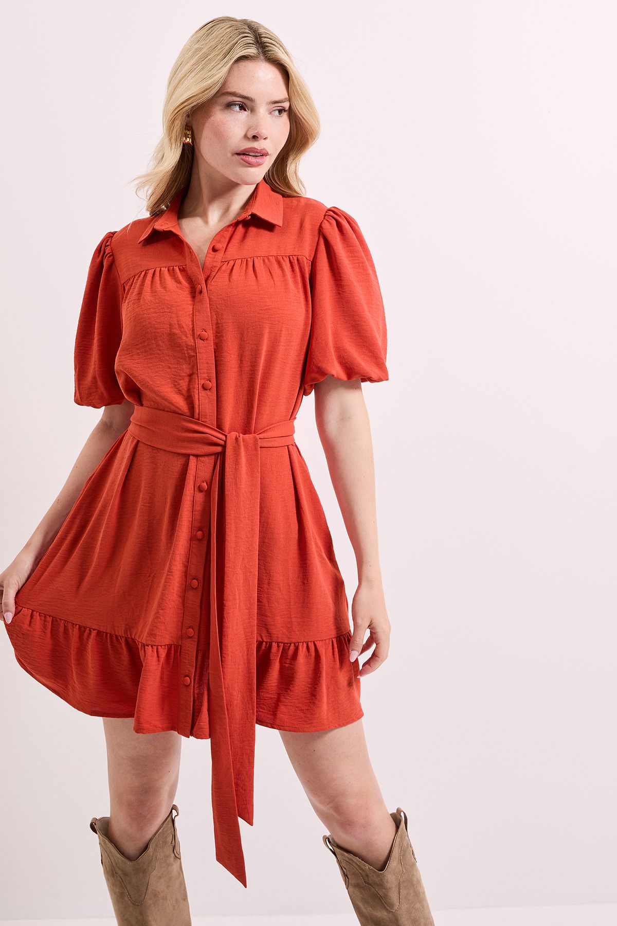 Dorothy Perkins Puff Sleeve Belted Mini Shirt Dress Burnt Orange image 2