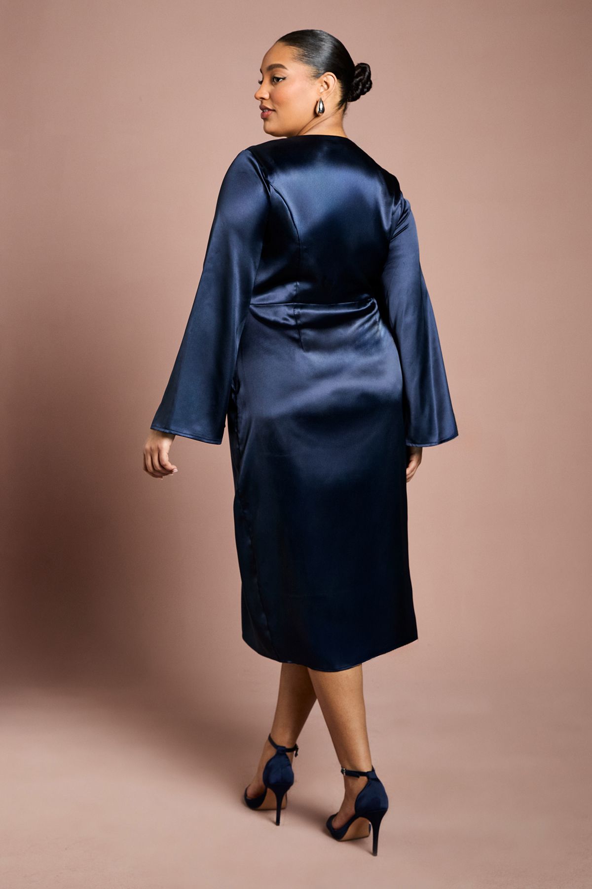 Coast Plus Satin Wrap Front Dress With Flare Sleeve Navy image 3