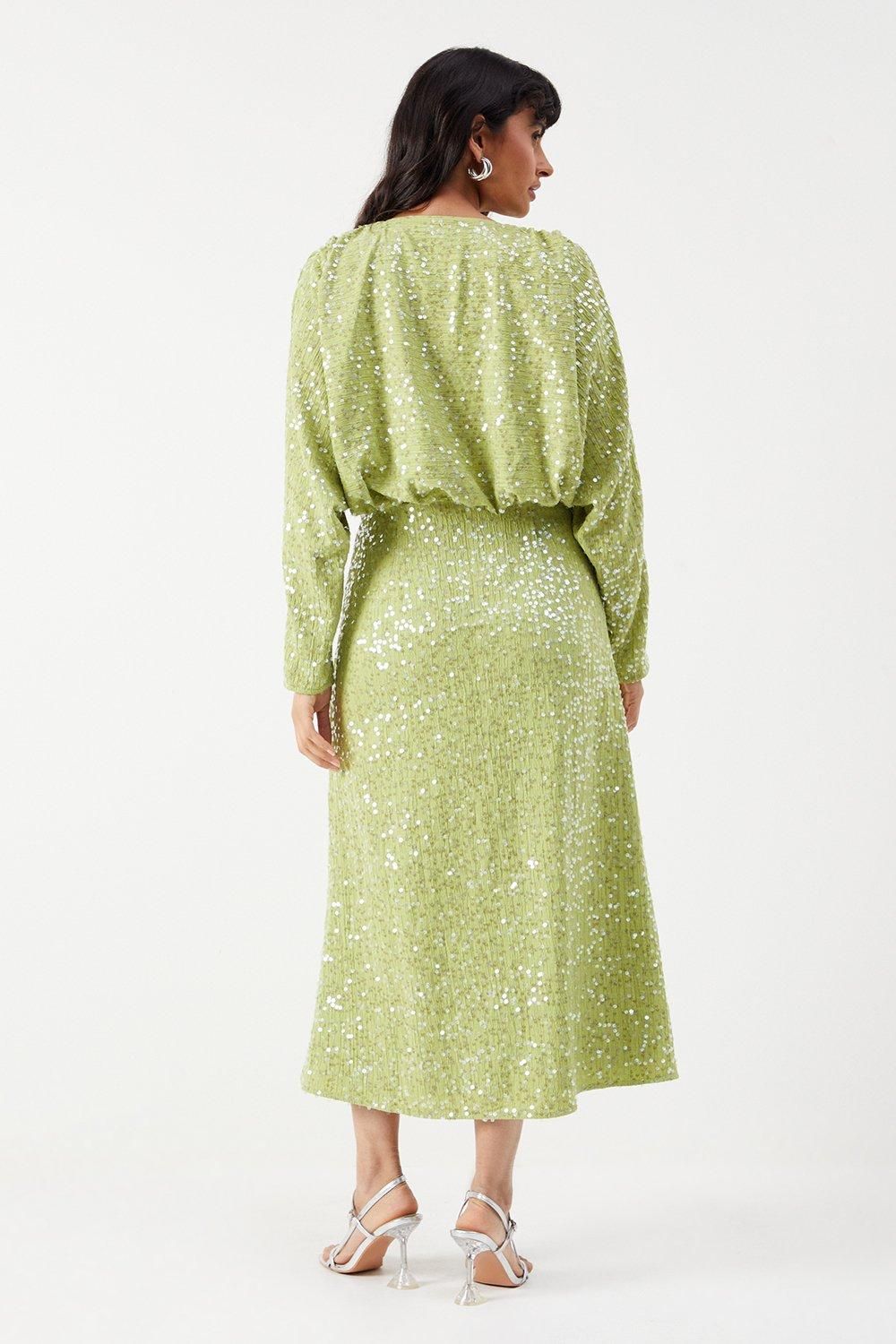 Warehouse Sequin Crinkle Batwing Plunge Neck Midi Dress Lime image 3