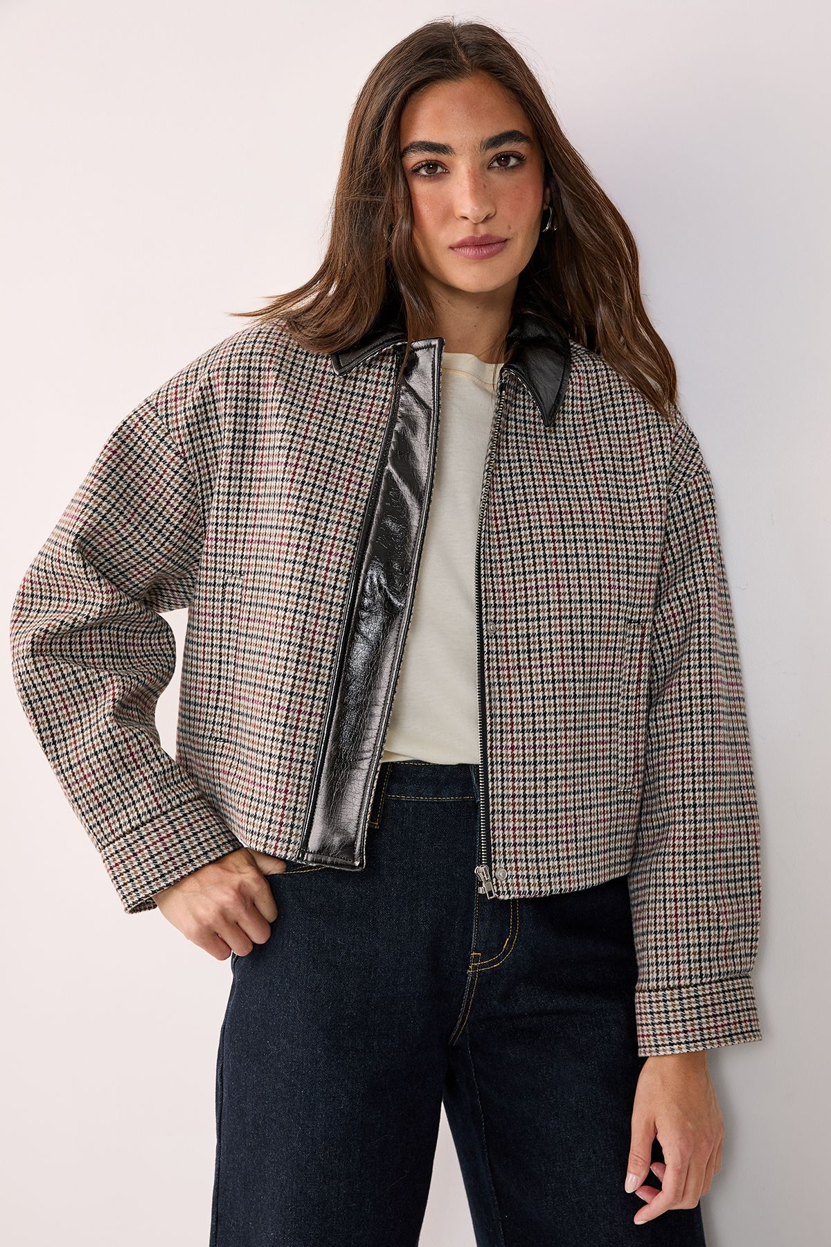 NastyGal Vinyl Collar Cropped Checked Jacket Brown image 1