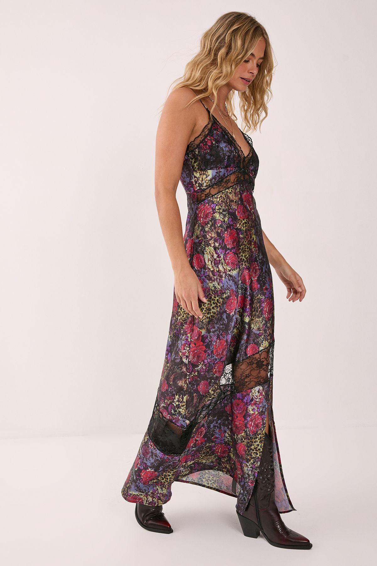 NastyGal Satin Animal Floral Cutwork Lace Maxi Slip Dress Animal image 4