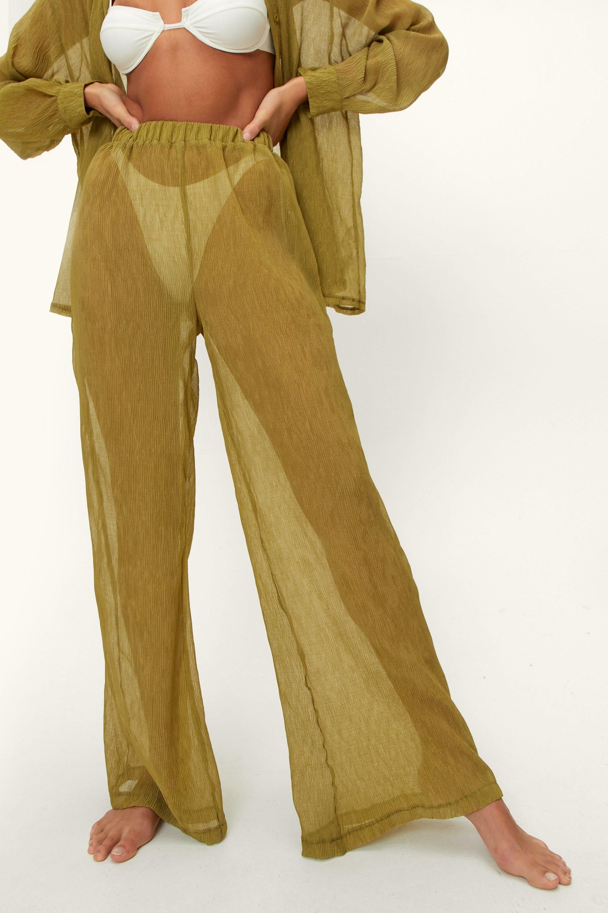NastyGal Plisse Wide Leg Beach Pants Khaki image 4