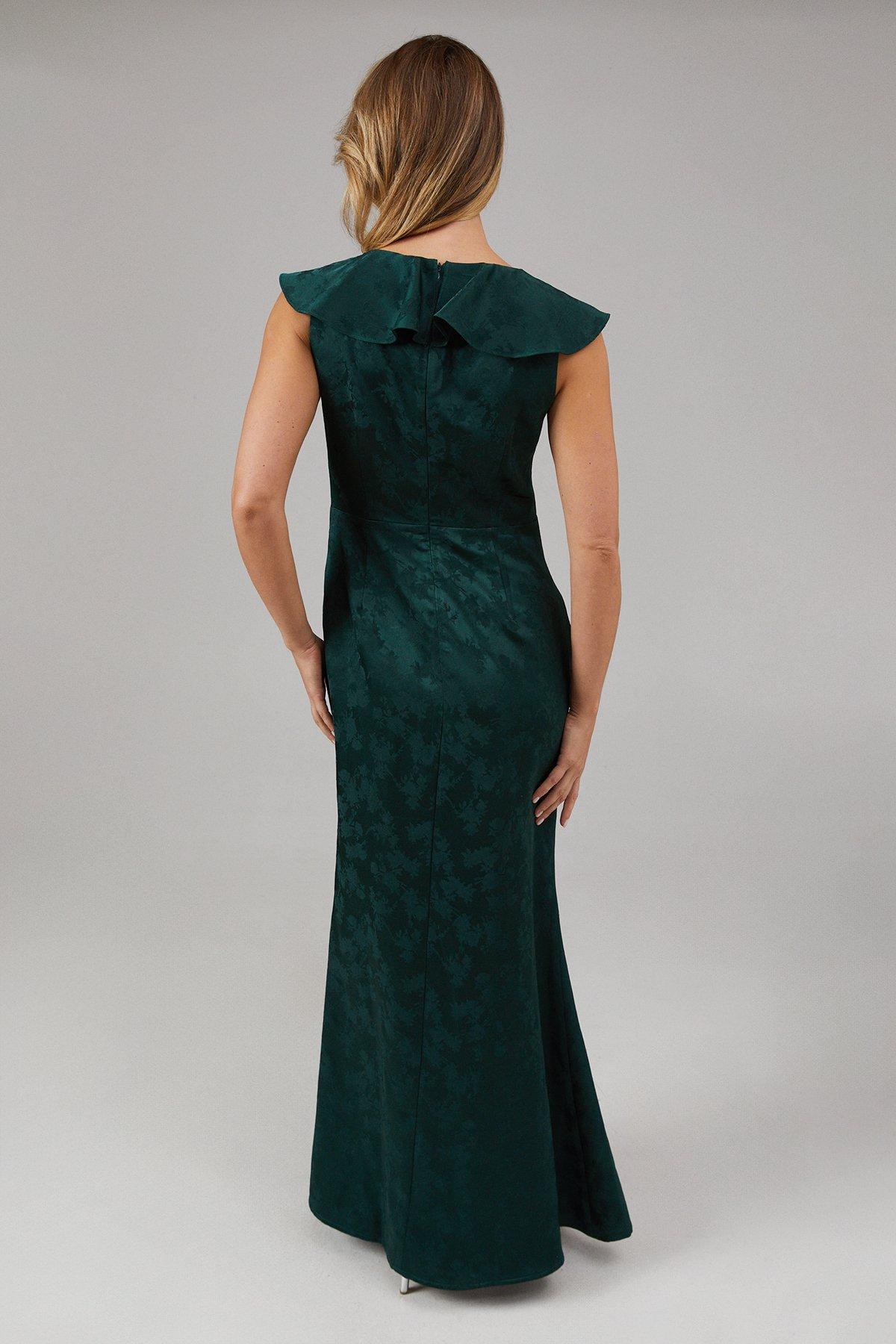 Oasis Satin Jacquard Ruffle V Neck Bridesmaids Dress Emerald image 3