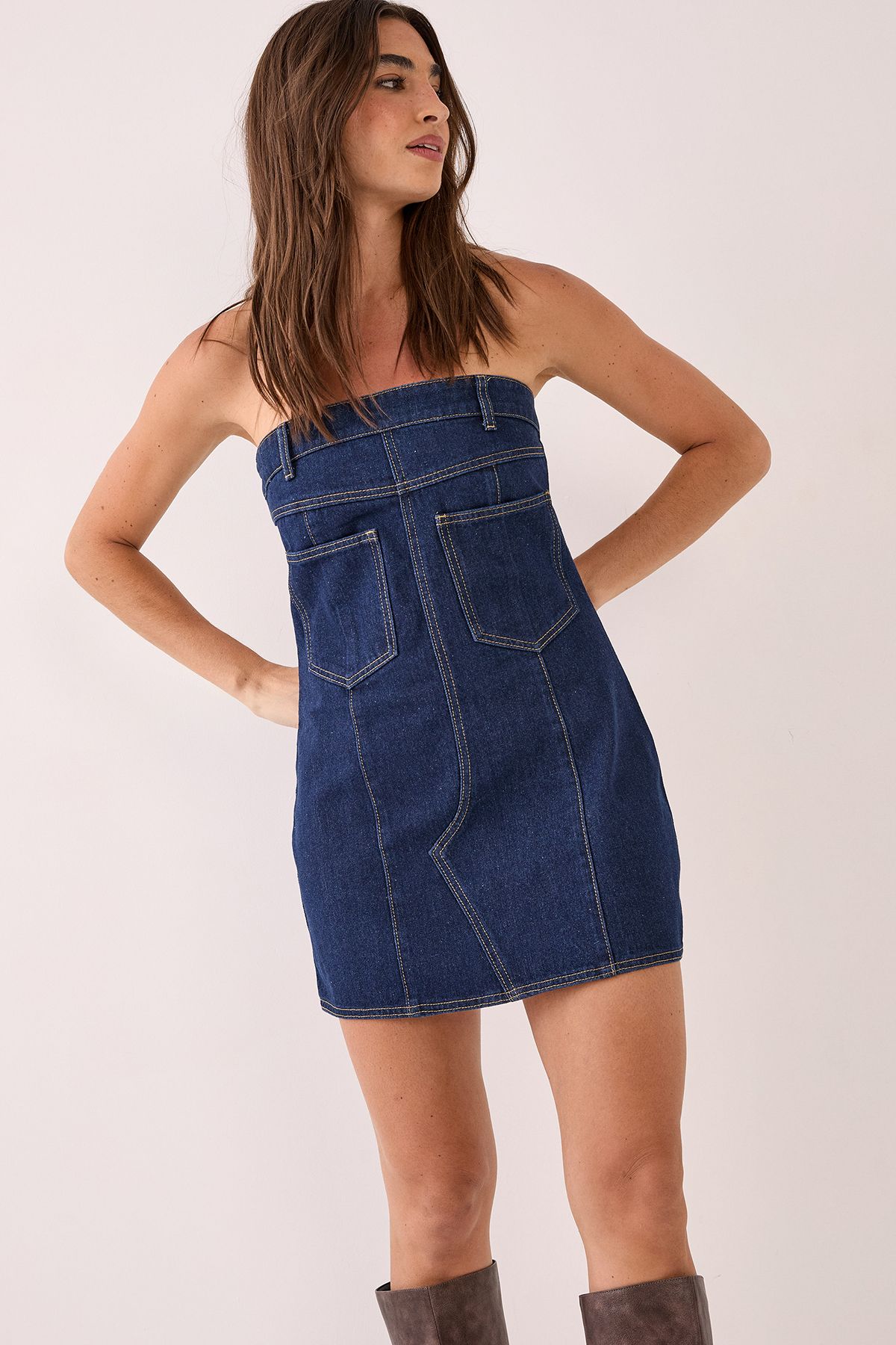 NastyGal Bandeau Denim Pocket Mini Dress Indigo image 2