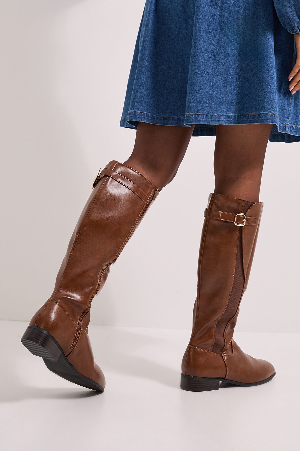 Dorothy Perkins Kamille Faux Leather Elastic Knee High Riding Boots Dark Tan image 4