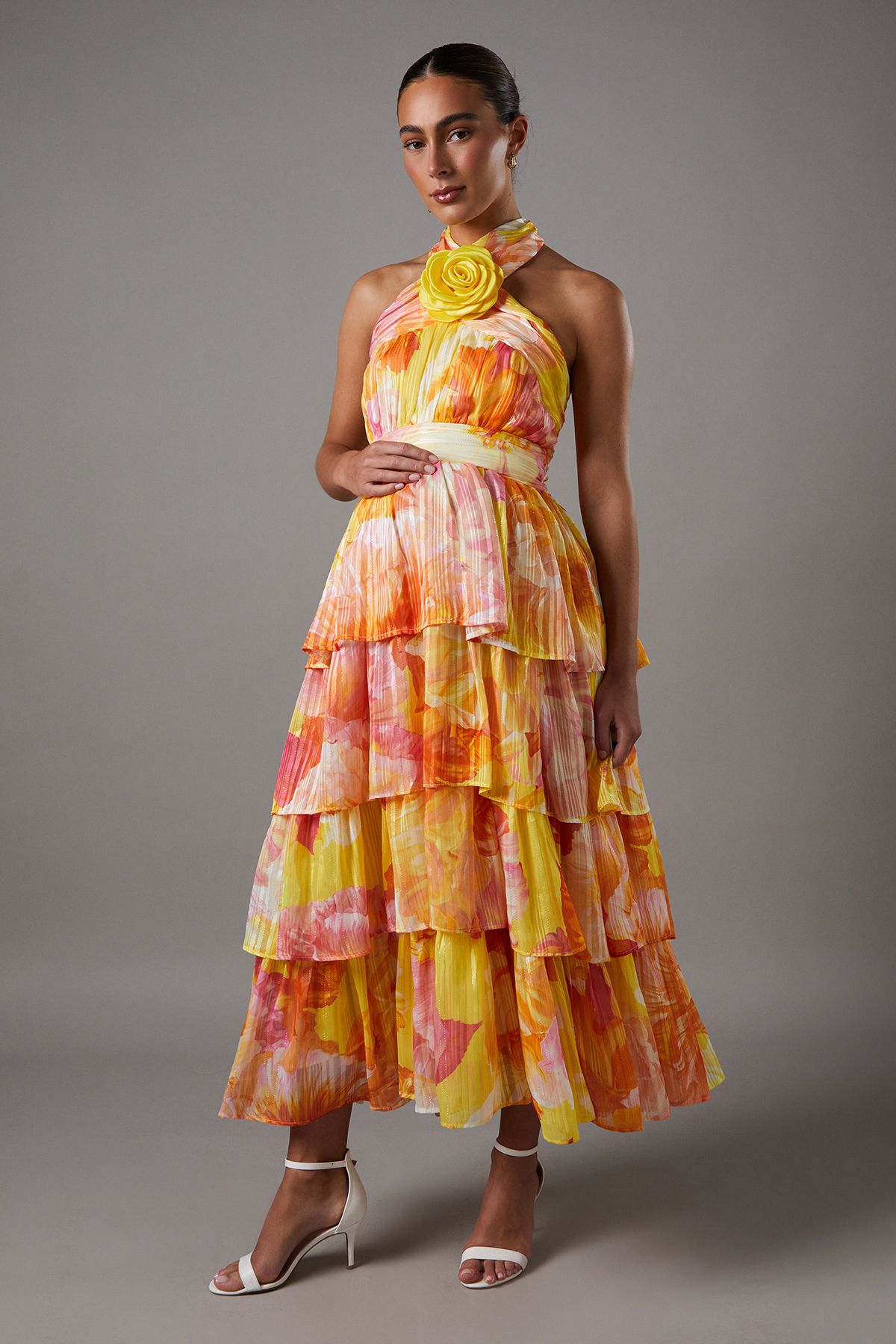 Coast Maternity Tiered Halter Tie Neck Midi Dress Yellow image 1