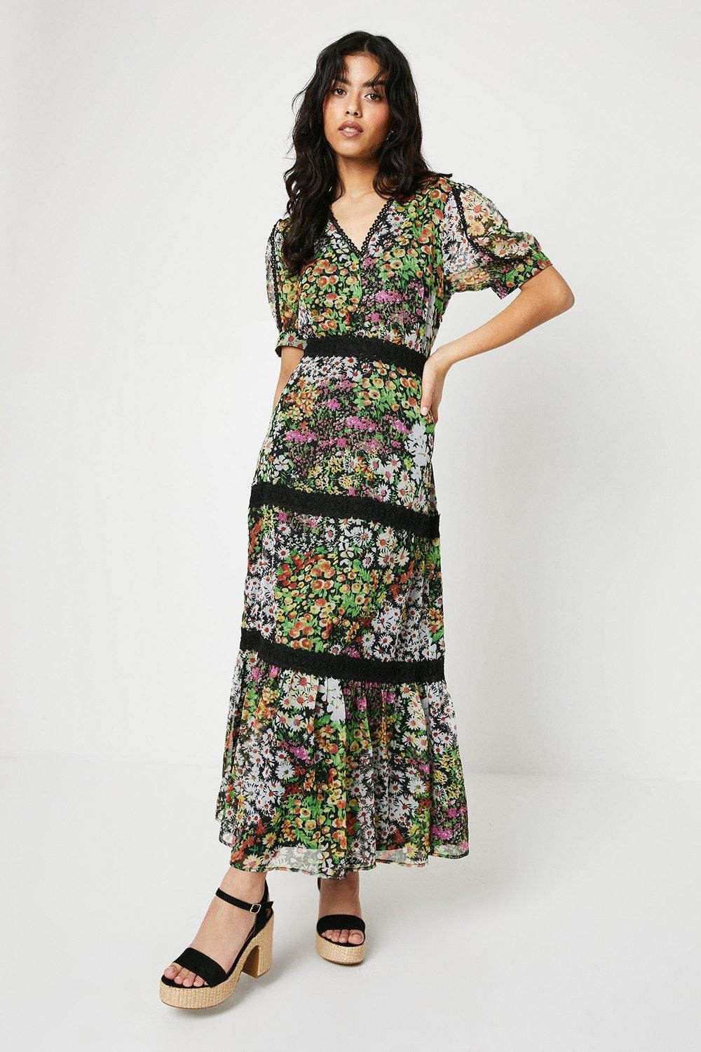 Oasis Petite Printed Chiffon Lace Insert Midi Tea Dress Multi image 4