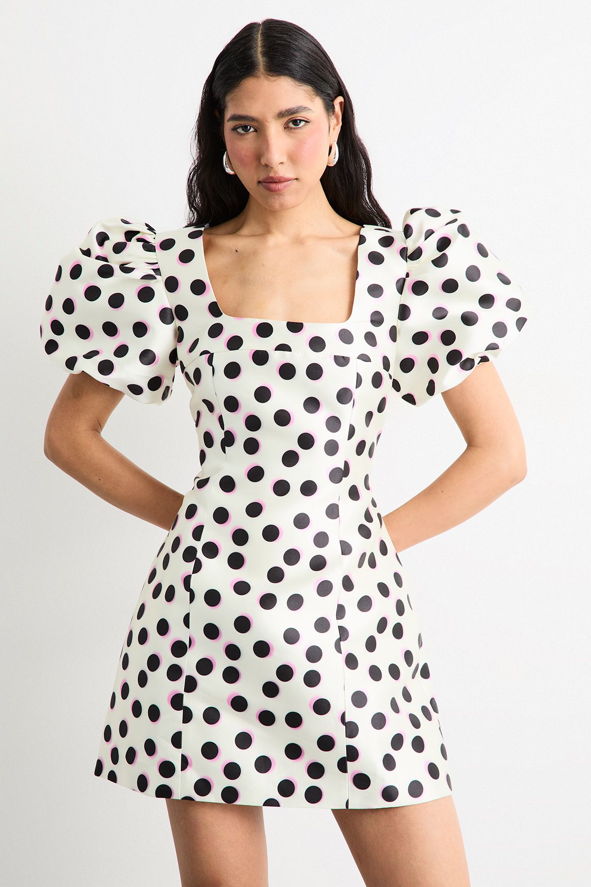 Warehouse Polka Dot Puff Sleeve A-Line Mini Dress Mono