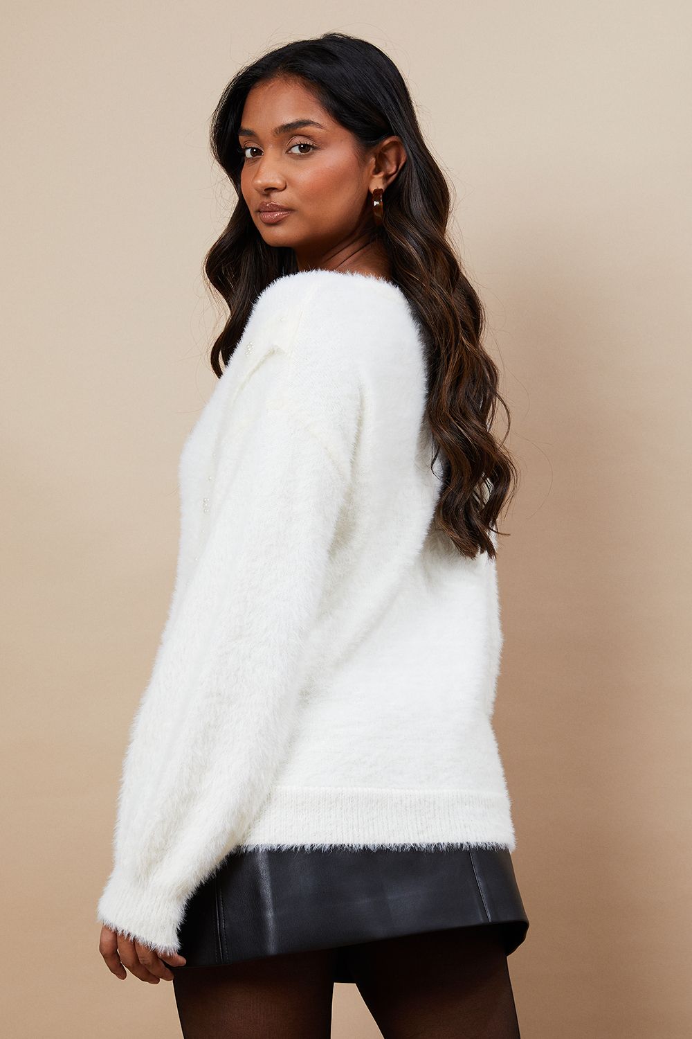 Oasis Eyelash Knitted Pearl Embellished V Neck Jumper Ivory image 3